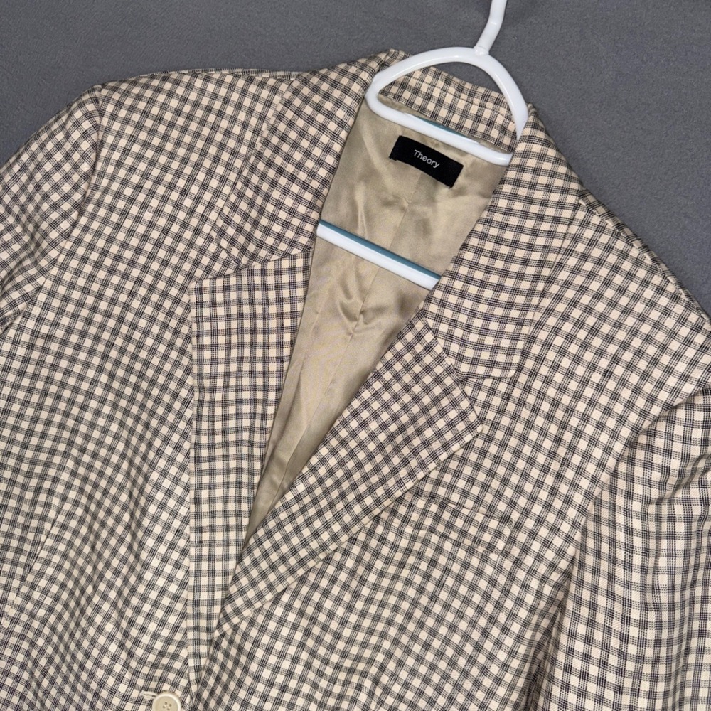 Theory Blazer Womens 14 Tan Linear Check Linen Blend Sports Coat Jacket Dress